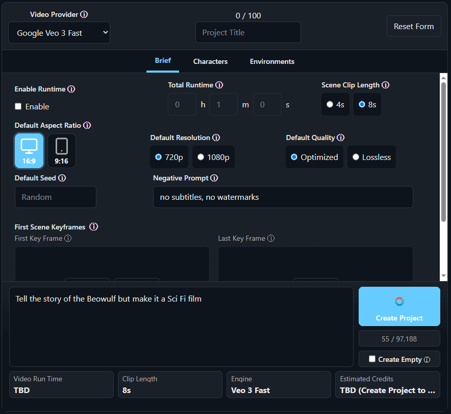 Screenshot of the Project Editor interface where users fill out their creative request